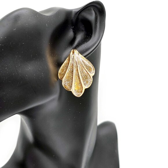 Vintage Gold Fan Earrings w/ Diamond Dust Inlay – Pierced – Made in USA - Picture 2 of 9